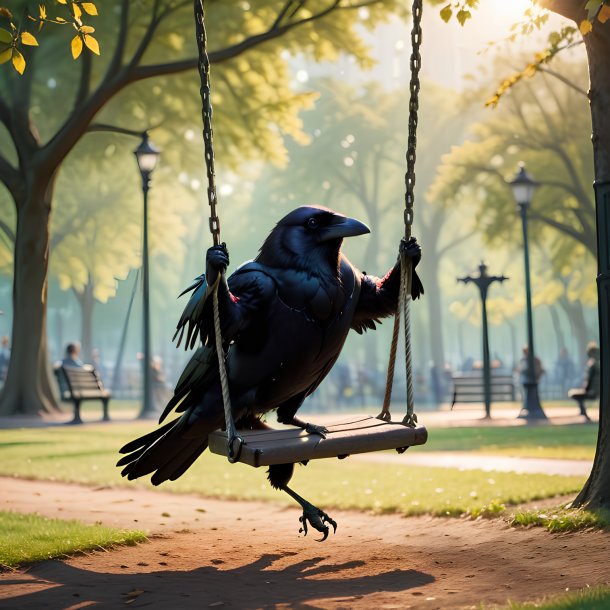 Photo of a swinging on a swing of a crow in the park