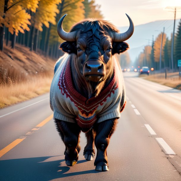 De um búfalo em um suéter na estrada