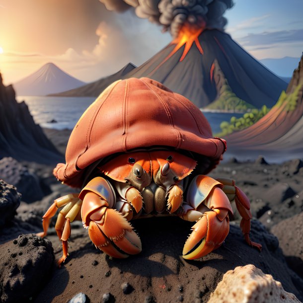 Drawing of a hermit crab in a cap in the volcano