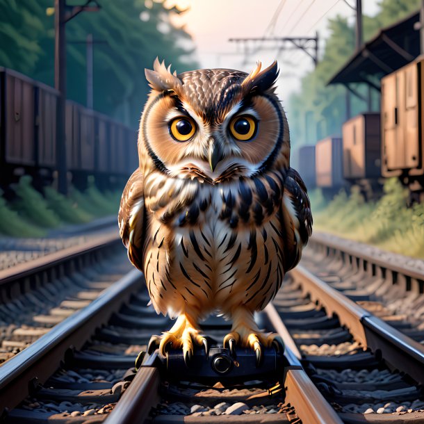 Image of a playing of a owl on the railway tracks