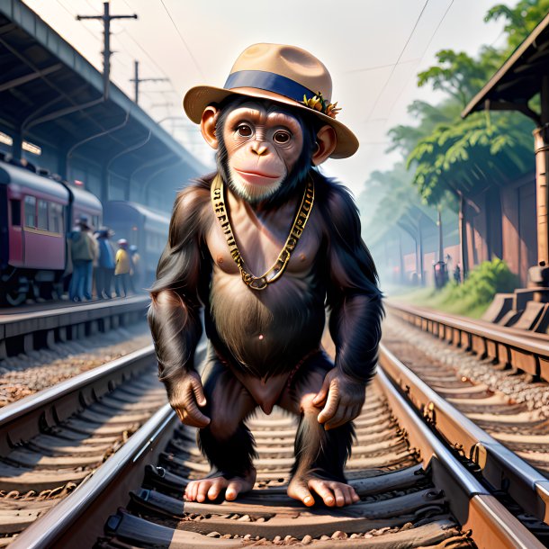 Picture of a chimpanzee in a hat on the railway tracks