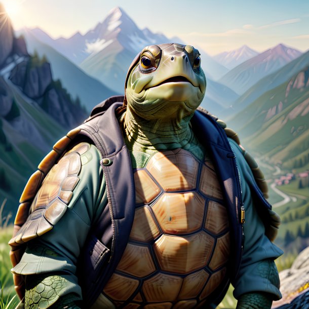 Image of a turtle in a jacket in the mountains