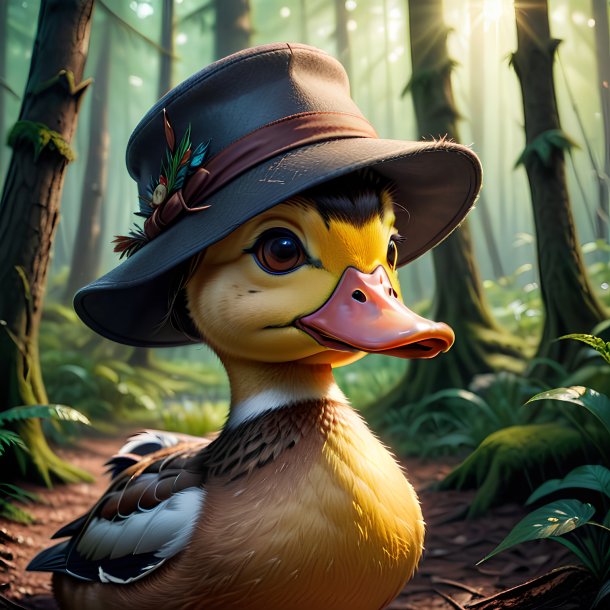 Dessin d'un canard dans un chapeau dans la forêt