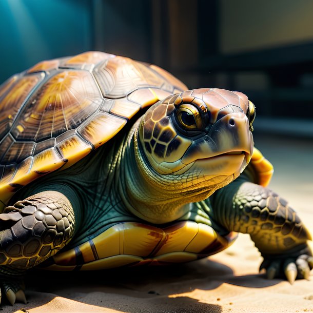 Photo of a turtle in a yellow belt