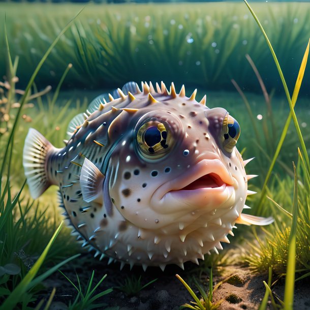 Picture of a resting of a pufferfish in the meadow