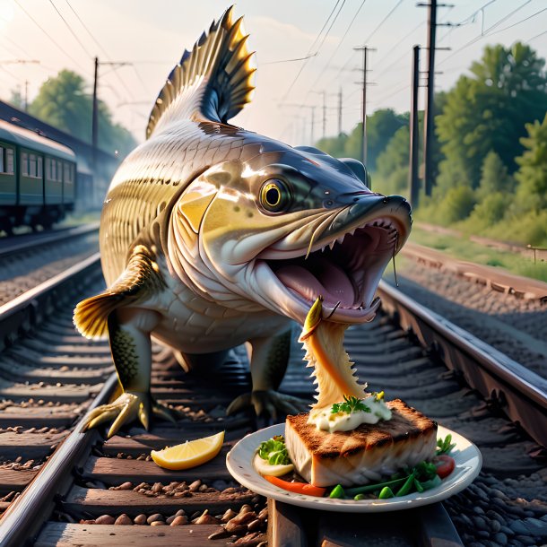 Image of a eating of a pike on the railway tracks