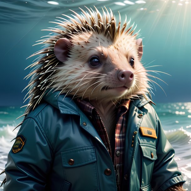 Picture of a porcupine in a jacket in the sea