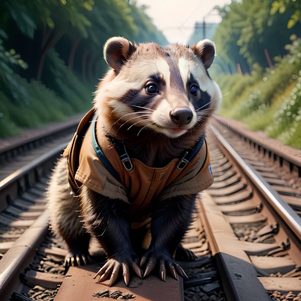 Foto de un tejón en guantes en las vías del tren