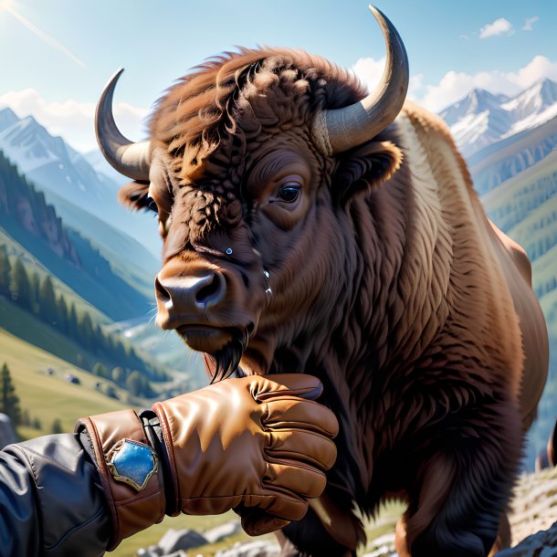 Picture of a bison in a gloves in the mountains