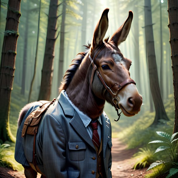 Image of a mule in a jacket in the forest