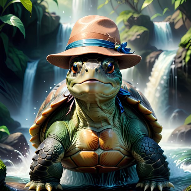 Illustration of a turtle in a hat in the waterfall