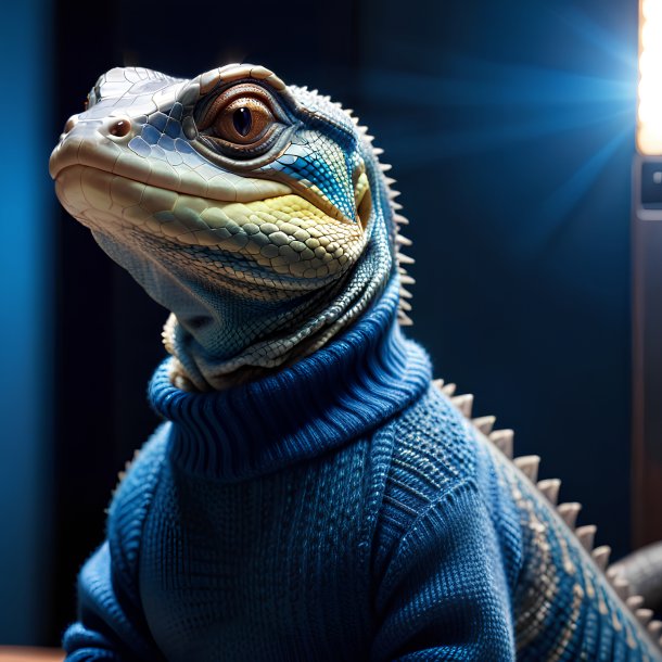 Foto de un lagarto monitor en un suéter azul