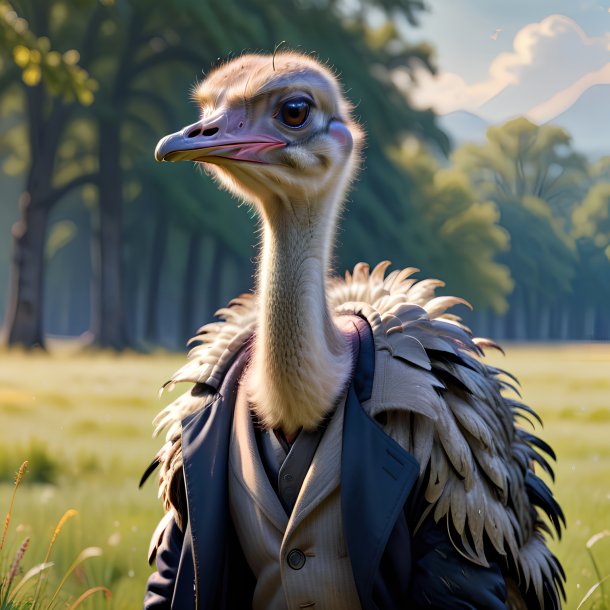 Pic of a ostrich in a coat in the meadow