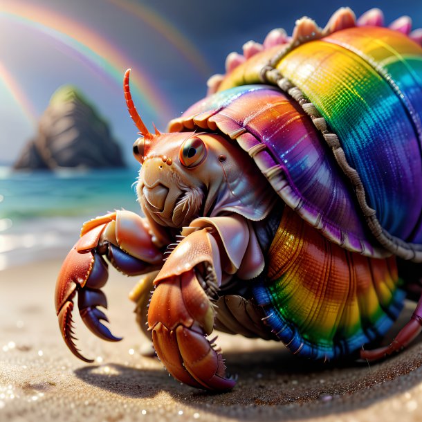 Drawing of a hermit crab in a vest on the rainbow