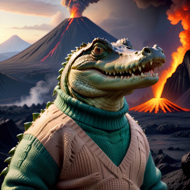 Photo of a crocodile in a sweater in the volcano