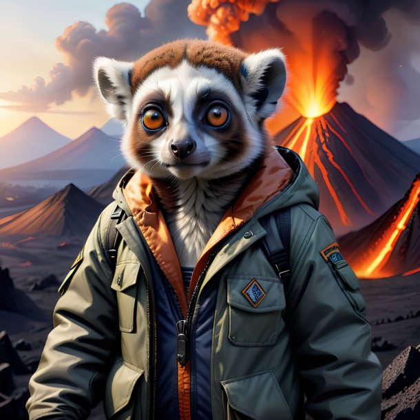 Drawing of a lemur in a jacket in the volcano