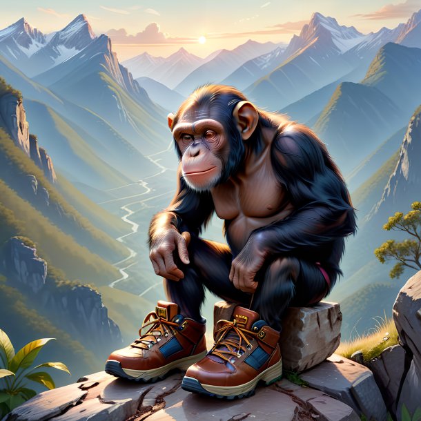 Dessin d'un chimpanzé dans une chaussure dans les montagnes