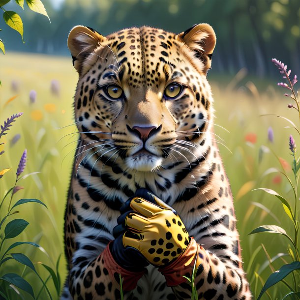 Drawing of a leopard in a gloves in the meadow