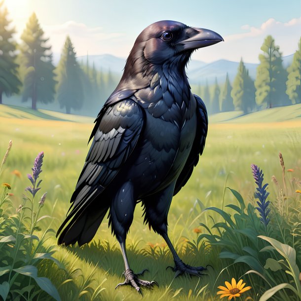 Illustration of a crow in a trousers in the meadow