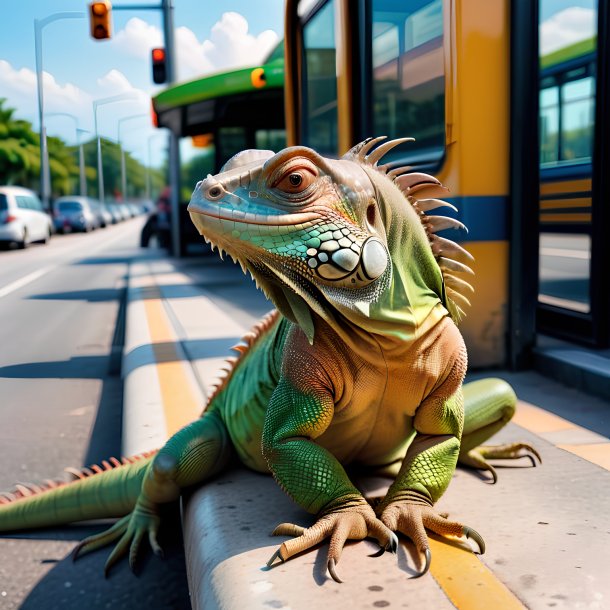 Imagem de um descanso de uma iguana na parada de ônibus