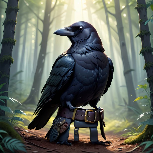 Illustration of a crow in a belt in the forest