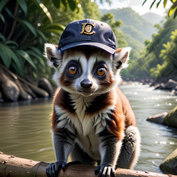 Foto de un lémur en un gorro en el río