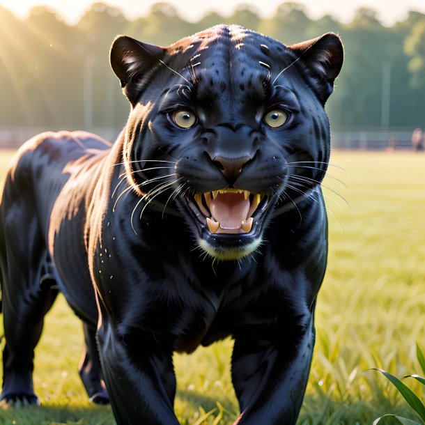 Photo of a smiling of a panther on the field