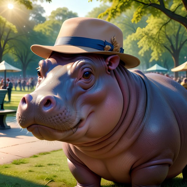 Drawing of a hippopotamus in a hat in the park