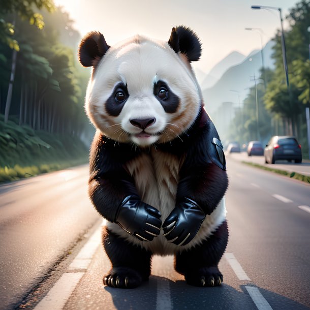 Photo d'un panda géant dans un gants sur la route