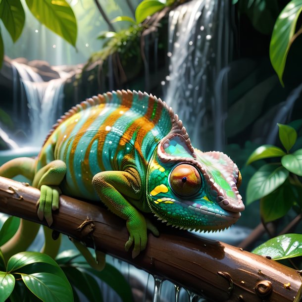 Pic of a sleeping of a chameleon in the waterfall