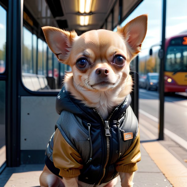 Foto de um chihuahua em um casaco no ponto de ônibus