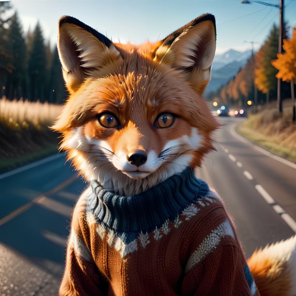 Photo of a fox in a sweater on the road