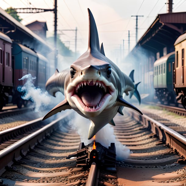 Photo of a smoking of a hammerhead shark on the railway tracks