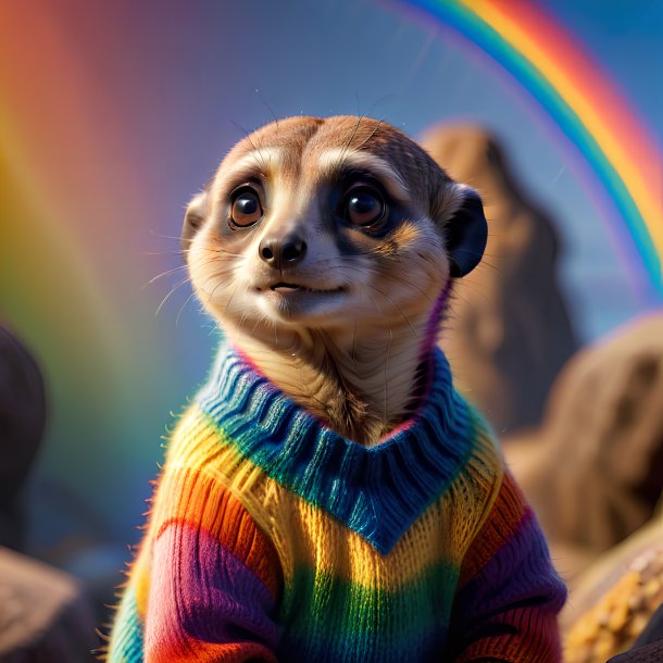 Pic d'une meerkat dans un pull sur l'arc-en-ciel