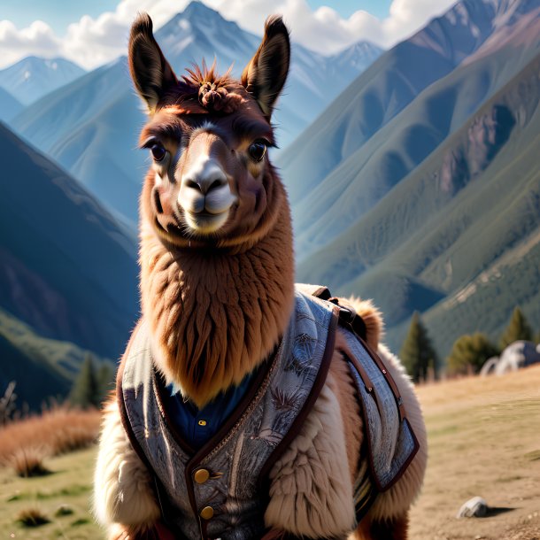 Photo of a llama in a vest in the mountains