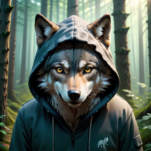 Imagem de um lobo em um hoodie na floresta