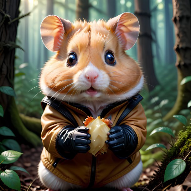 Imagem de um hamster em uma luvas na floresta