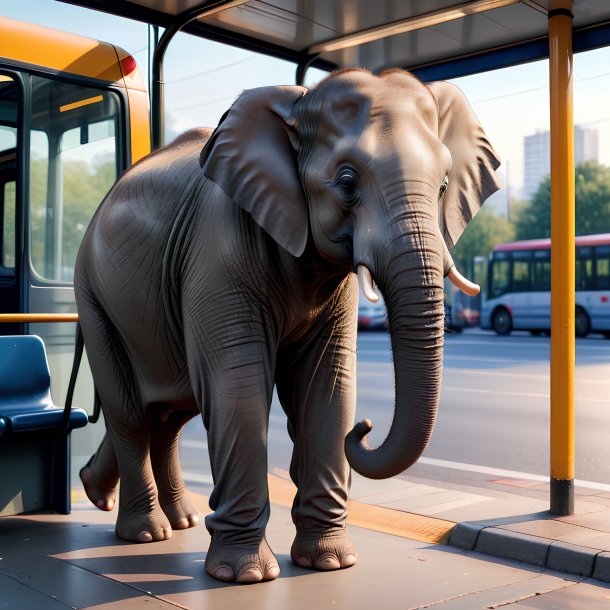 Foto de um elefante em uma calça no ponto de ônibus