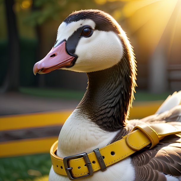 Foto de um ganso em um cinto amarelo