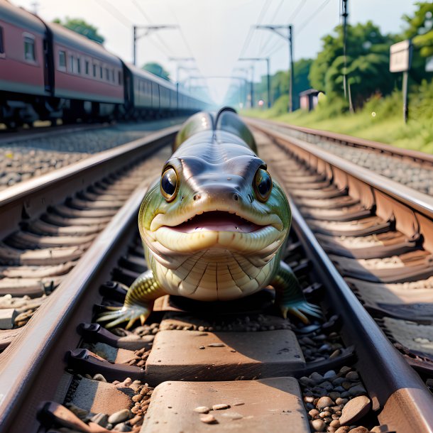 Imagem de uma enguia em um sapato nos trilhos ferroviários