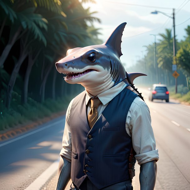 Image of a hammerhead shark in a vest on the road