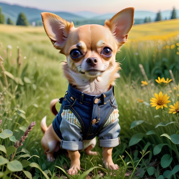 Imagem de um chihuahua em uma calça no prado