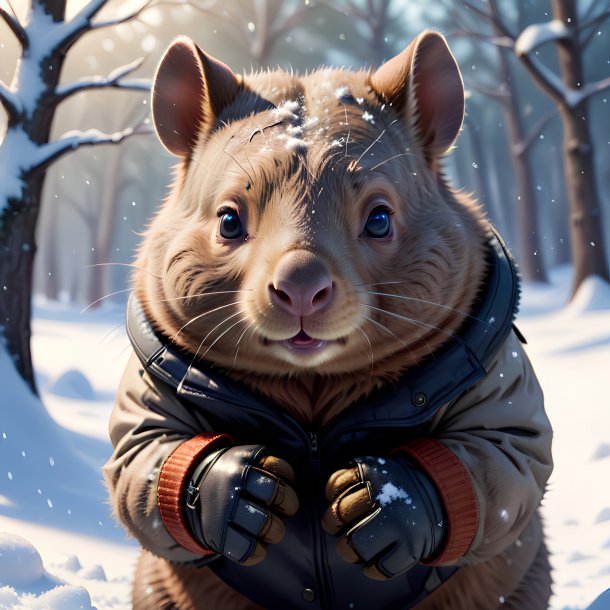 Desenho de um wombat em luvas na neve