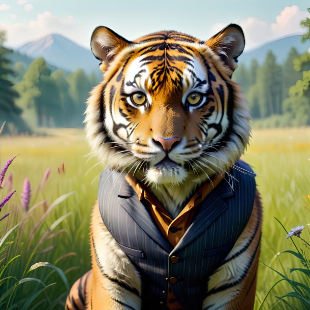 Photo d'un tigre dans un gilet dans la prairie