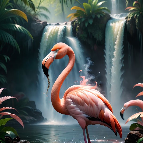 Photo of a smoking of a flamingo in the waterfall