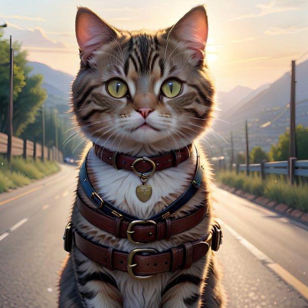 Drawing of a cat in a belt on the road