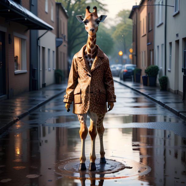 Foto de uma girafa em um casaco na poça