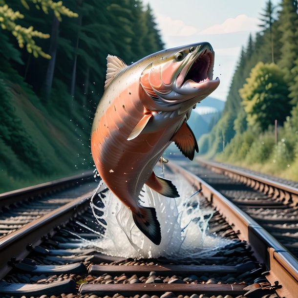 Photo of a jumping of a salmon on the railway tracks