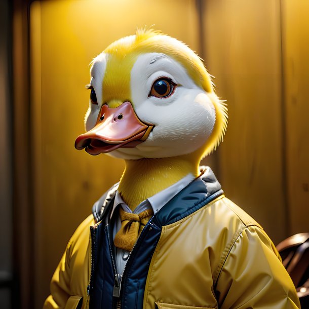 Photo of a duck in a yellow jacket