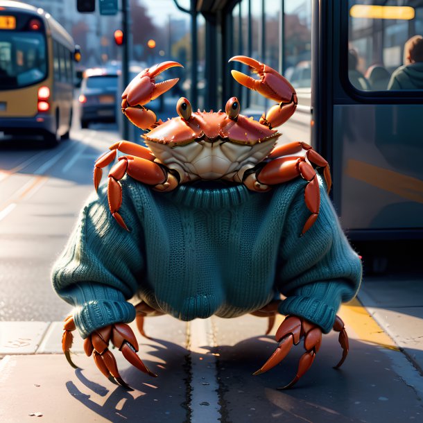 Photo d'un crabe dans un pull sur l'arrêt de bus